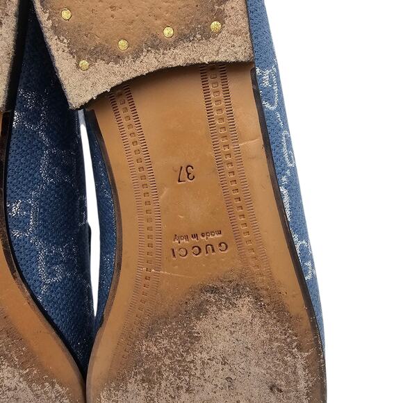 Gucci Jordaan Horsebit Flat Loafer Size 37 US 7 Blue Silver GG Monogram Canvas - Picture 8 of 10